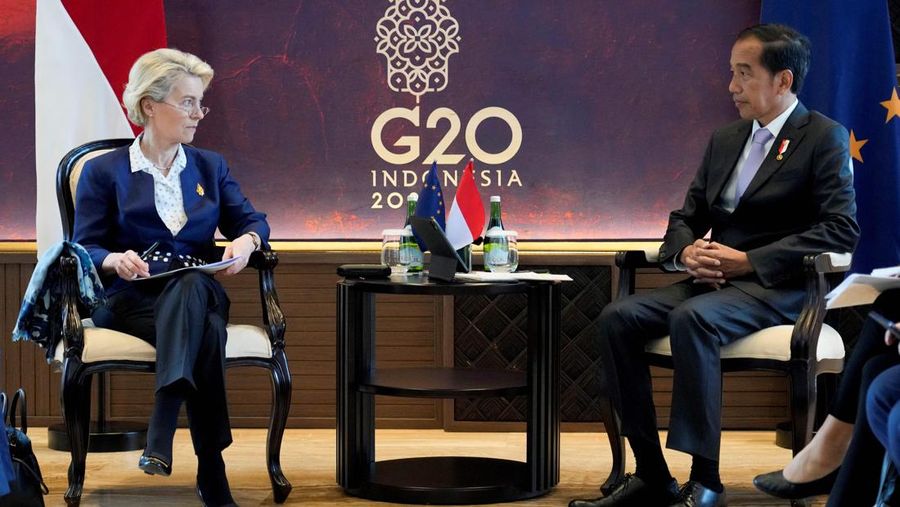 European Commission President Ursula von der Leyen (L) meets with Indonesia's President Joko Widodo on the sidelines of the G20 Summit in Nusa Dua on the Indonesian resort island of Bali on November 14, 2022. (Photo by Achmad Ibrahim / POOL / AFP) (Photo by ACHMAD IBRAHIM/POOL/AFP via Getty Images)