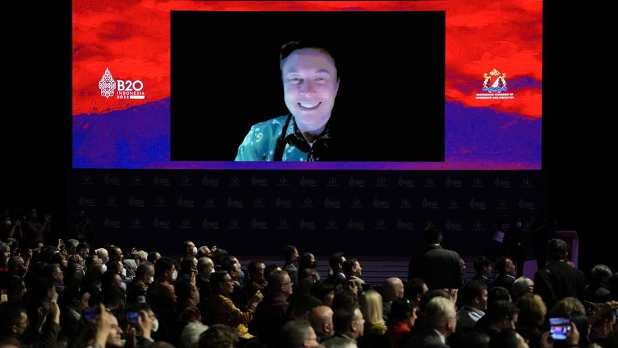 Tesla CEO Elon Musk talks during a virtual meeting at the B20 Summit ahead of the G20 leaders summit in Nusa Dua, Bali, Indonesia, Monday, Nov. 14, 2022. (AP Photo/Aaron Favila)