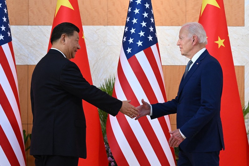 US President Joe Biden (L) and China's President Xi Jinping (R) meet on the sidelines of the G20 Summit in Nusa Dua on the Indonesian resort island of Bali on November 14, 2022. (Photo by SAUL LOEB / AFP) (Photo by SAUL LOEB/AFP via Getty Images)