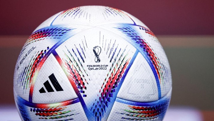 A view shows a ball with the logo of the Qatar 2022 World Cup at the Red Devils Base camp in Tubize, on November 14, 2022 (Photo by Kenzo TRIBOUILLARD / AFP) (Photo by KENZO TRIBOUILLARD/AFP via Getty Images)