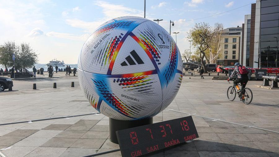 ISTANBUL, TURKIYE- NOVEMBER 12: The giant version of the FIFA World Cup Qatar 2022 Official Match Ball Al Rihla has started to be exhibited in Turkey on November 12, 2022 in İstanbul, Türkiye. The giant Al Rihla ball, with a weight of 280 kilograms and a height of 3 meters, exhibited in Istanbul Beşiktaş Square, starts the countdown for the FIFA World Cup by meeting with the fans. (Photo by Hakan Akgun/ dia images via Getty Images)
