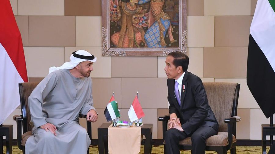 Presiden Joko Widodo bertemu dengan Presiden Persatuan Emirat Arab (PEA) Sheikh Mohammed bin Zayed Al Nahyan (MBZ) di sela-sela acara B20 Summit di Bali Nusa Dua Convention Center (BNDCC), Kabupaten Badung, Senin, 14 November 2022. (Rusman - Biro Pers Sekretariat Presiden)