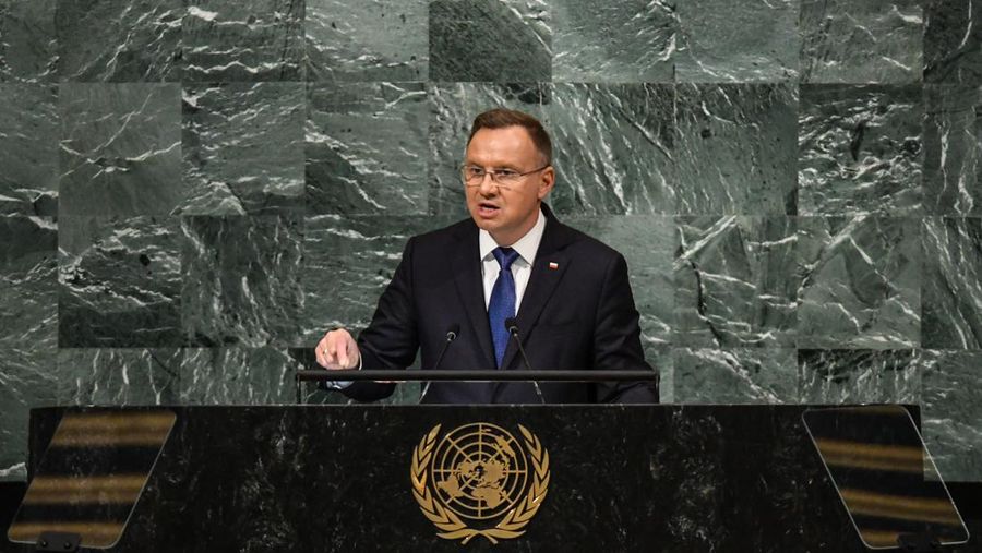 NEW YORK, NY - SEPTEMBER 20: Andrzej Duda, President of Poland, addresses the General Assembly at the United Nations on September 20, 2022 in New York City. After two years of holding the session virtually or in a hybrid format, 157 heads of state and representatives of government are expected to attend the General Assembly in person.(Photo by Stephanie Keith/Getty Images)