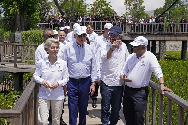 Leaders raise their garden hoes for a group photo during a tree planting event at the Taman Hutan Raya Ngurah Rai Mangrove Forest, on the sidelines of the G20 summit meeting, Wednesday, Nov. 16, 2022, in Denpasar, Bali, Indonesia. (AP Photo/Alex Brandon, Pool)