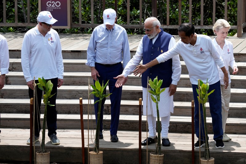 Leaders raise their garden hoes for a group photo during a tree planting event at the Taman Hutan Raya Ngurah Rai Mangrove Forest, on the sidelines of the G20 summit meeting, Wednesday, Nov. 16, 2022, in Denpasar, Bali, Indonesia. (AP Photo/Alex Brandon, Pool)
