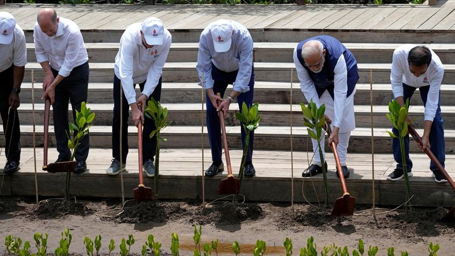 Leaders raise their garden hoes for a group photo during a tree planting event at the Taman Hutan Raya Ngurah Rai Mangrove Forest, on the sidelines of the G20 summit meeting, Wednesday, Nov. 16, 2022, in Denpasar, Bali, Indonesia. (AP Photo/Alex Brandon, Pool)