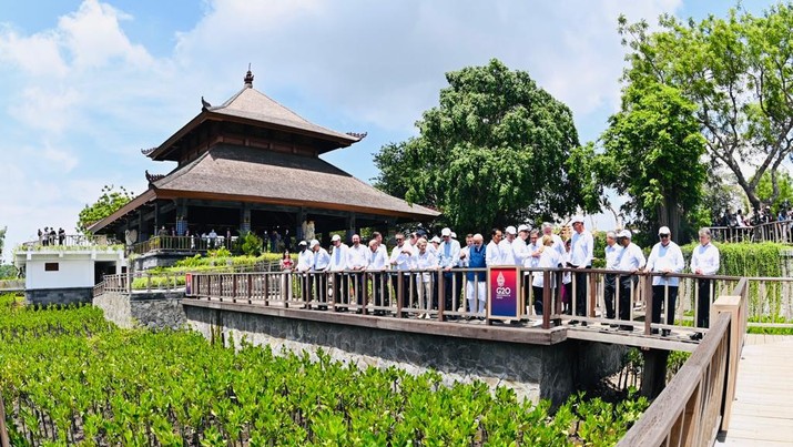 Presiden Jokowi dan para pemimpin yang telah hadir tampak berbincang santai di Pendopo Wantilan sebelum menanam mangrove bersama. Presiden Jokowi dan para pemimpin yang telah hadir tampak berbincang santai di Pendopo Wantilan sebelum menanam mangrove bersama. (Foto: Laily Rachev - Biro Pers Sekretariat Presiden)
