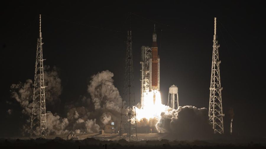 NASA’s Space Launch System rocket carrying the Orion spacecraft launches on the Artemis I flight test, Wednesday, Nov. 16, 2022, from Launch Complex 39B at NASA’s Kennedy Space Center in Florida. NASA’s Artemis I mission is the first integrated flight test of the agency’s deep space exploration systems: the Orion spacecraft, Space Launch System (SLS) rocket, and ground systems. SLS and Orion launched at 1:47 a.m. EST, from Launch Pad 39B at the Kennedy Space Center. Photo Credit: (NASA/Bill Ingalls)
