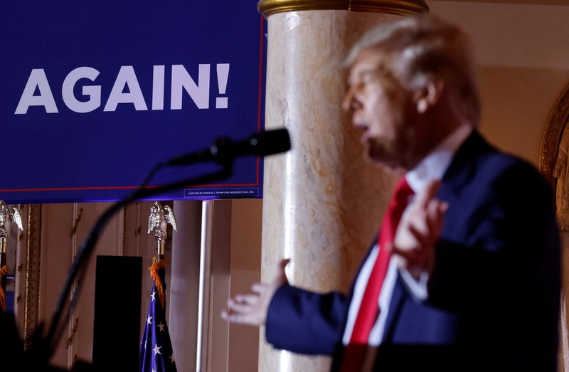 Former U.S. President Donald Trump announces that he will once again run for U.S. president in the 2024 U.S. presidential election during an event at his Mar-a-Lago estate in Palm Beach, Florida, U.S. November 15, 2022. REUTERS/Jonathan Ernst