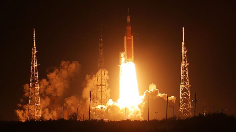 CAPE CANAVERAL, FLORIDA - NOVEMBER 16: NASA’s Artemis I Space Launch System (SLS) rocket, with the Orion capsule attached, launches at NASA's Kennedy Space Center on November 16, 2022 in Cape Canaveral, Florida. The Artemis I mission will send the uncrewed spacecraft around the moon to test the vehicle's propulsion, navigation and power systems as a precursor to later crewed mission to the lunar surface. (Photo by Red Huber/Getty Images)