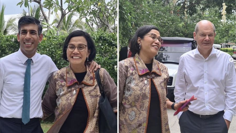 Berfoto bersama Perdana Menteri (PM) Inggris (United Kingdom- UK) - @rishisunakmp -Rishi Sunak dan Kanselir German @bundeskanzler Olaf Scholz. - suasana setelah makan siang Lunch KTT G20 - Dome Apurva Bali. (Tangkapan Layar Instagram @smindrawati)