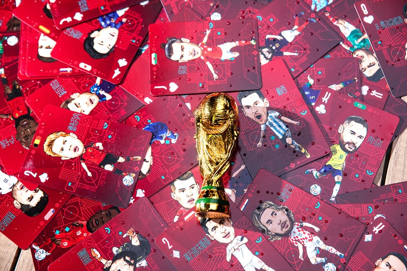 WUHAN, CHINA - NOVEMBER 16:（CHINA OUT）A set of playing cards is shown bearing caricatures of World Cup star players, created by the cartoonist Tao Gang, 40, for the 2022 Qatar World Cup on November 16, 2022 in Wuhan, Hubei province, China. Tao spent three months painting the portraits. The opening ceremony of the 22nd World Cup will be held in Doha, the capital of Qatar, on November 20.  (Photo by Getty Images)
