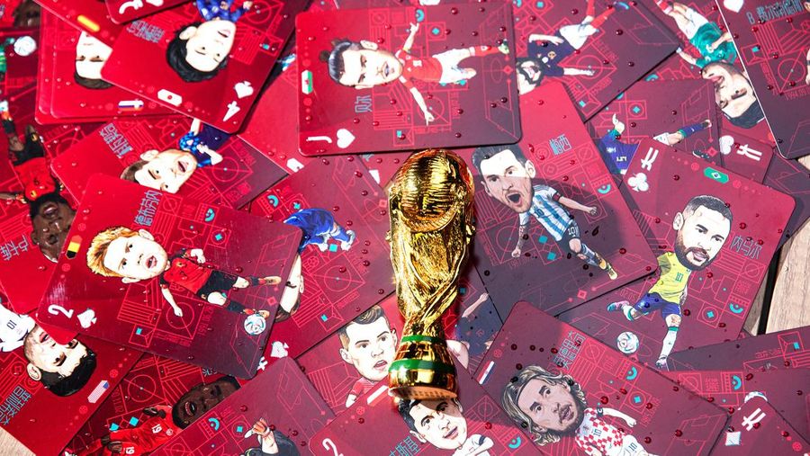 WUHAN, CHINA - NOVEMBER 16:（CHINA OUT）A set of playing cards is shown bearing caricatures of World Cup star players, created by the cartoonist Tao Gang, 40, for the 2022 Qatar World Cup on November 16, 2022 in Wuhan, Hubei province, China. Tao spent three months painting the portraits. The opening ceremony of the 22nd World Cup will be held in Doha, the capital of Qatar, on November 20.  (Photo by Getty Images)