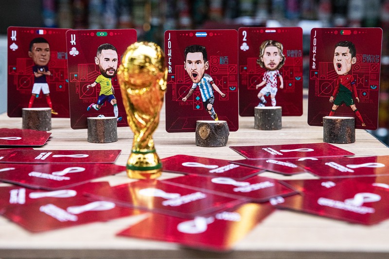 WUHAN, CHINA - NOVEMBER 16:（CHINA OUT）A set of playing cards is shown bearing caricatures of World Cup star players, created by the cartoonist Tao Gang, 40, for the 2022 Qatar World Cup on November 16, 2022 in Wuhan, Hubei province, China. Tao spent three months painting the portraits. The opening ceremony of the 22nd World Cup will be held in Doha, the capital of Qatar, on November 20.  (Photo by Getty Images)