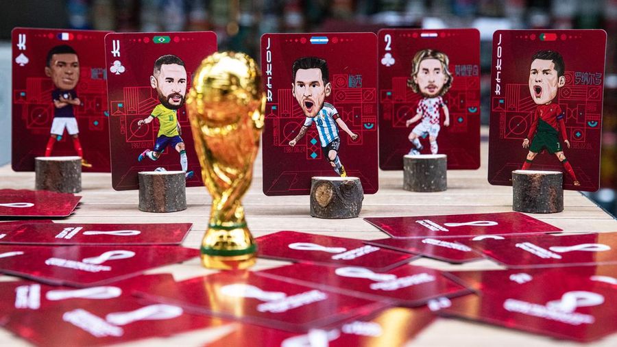 WUHAN, CHINA - NOVEMBER 16:（CHINA OUT）A set of playing cards is shown bearing caricatures of World Cup star players, created by the cartoonist Tao Gang, 40, for the 2022 Qatar World Cup on November 16, 2022 in Wuhan, Hubei province, China. Tao spent three months painting the portraits. The opening ceremony of the 22nd World Cup will be held in Doha, the capital of Qatar, on November 20.  (Photo by Getty Images)