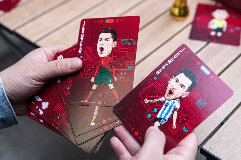 WUHAN, CHINA - NOVEMBER 16:（CHINA OUT）A set of playing cards is shown bearing caricatures of World Cup star players, created by the cartoonist Tao Gang, 40, for the 2022 Qatar World Cup on November 16, 2022 in Wuhan, Hubei province, China. Tao spent three months painting the portraits. The opening ceremony of the 22nd World Cup will be held in Doha, the capital of Qatar, on November 20.  (Photo by Getty Images)
