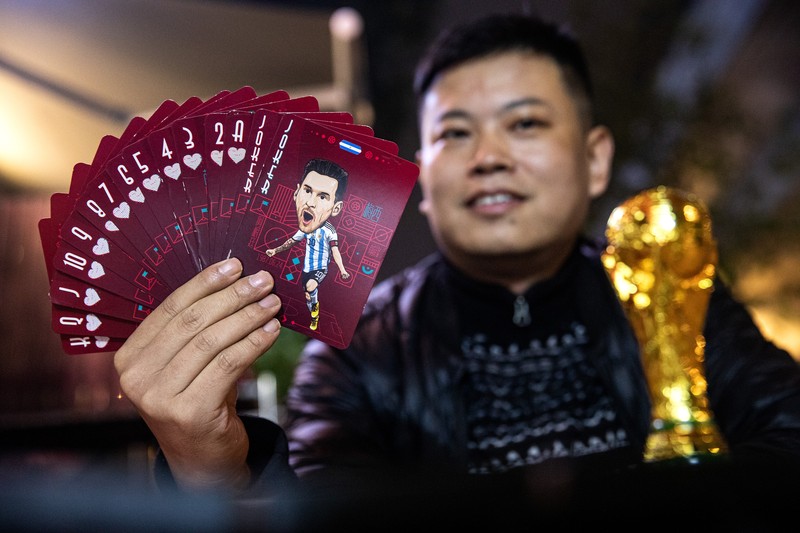 WUHAN, CHINA - NOVEMBER 16:（CHINA OUT）A set of playing cards is shown bearing caricatures of World Cup star players, created by the cartoonist Tao Gang, 40, for the 2022 Qatar World Cup on November 16, 2022 in Wuhan, Hubei province, China. Tao spent three months painting the portraits. The opening ceremony of the 22nd World Cup will be held in Doha, the capital of Qatar, on November 20.  (Photo by Getty Images)