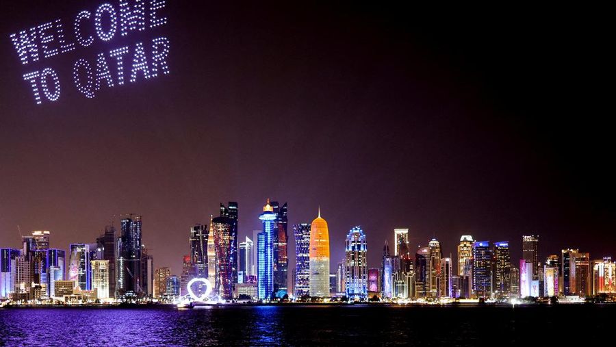 A drone show with welcoming words is seen above the Doha skyline, ahead of the FIFA World Cup 2022 soccer tournament in Doha, Qatar November 14, 2022. REUTERS/Amr Abdallah Dalsh     TPX IMAGES OF THE DAY