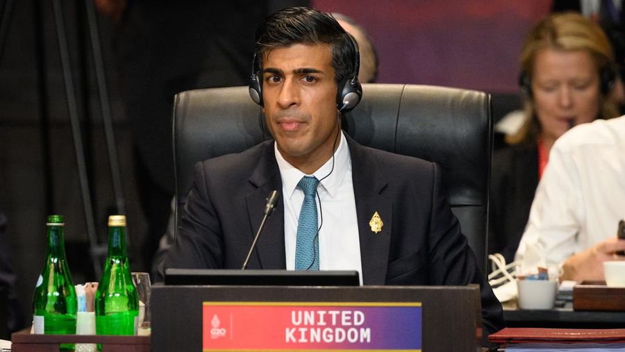 NUSA DUA, INDONESIA - NOVEMBER 15: Britain's Prime Minister Rishi Sunak attends a working session on food and energy security during the G20 Summit on November 15, 2022 in Nusa Dua, Indonesia. The new British Prime Minister aims to articulate his foreign policy vision here while grappling with economic instability at home. (Photo by Leon Neal/Getty Images)