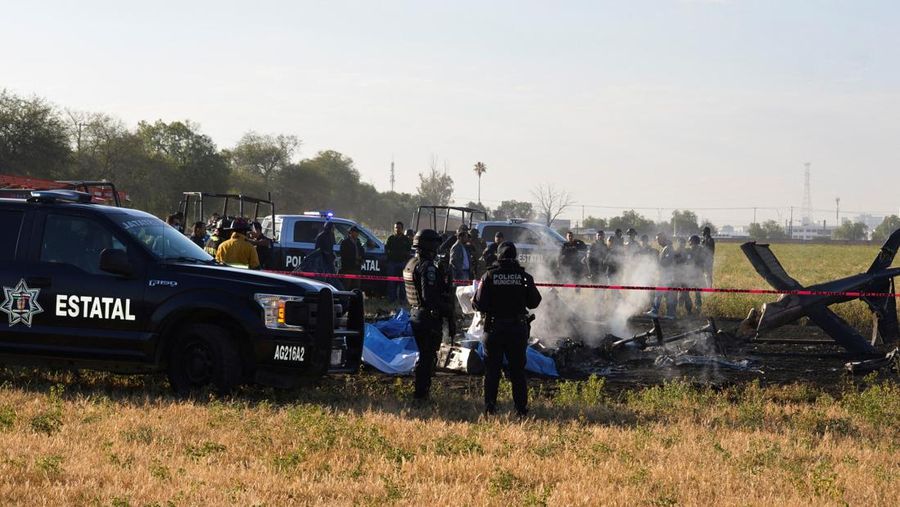 Members of security forces check the site where the head of security of the central Mexican state of Aguascalientes has died in a helicopter crash, in Aguascalientes, Mexico November 17, 2022. REUTERS/Liberto Urena NO RESALES. NO ARCHIVES