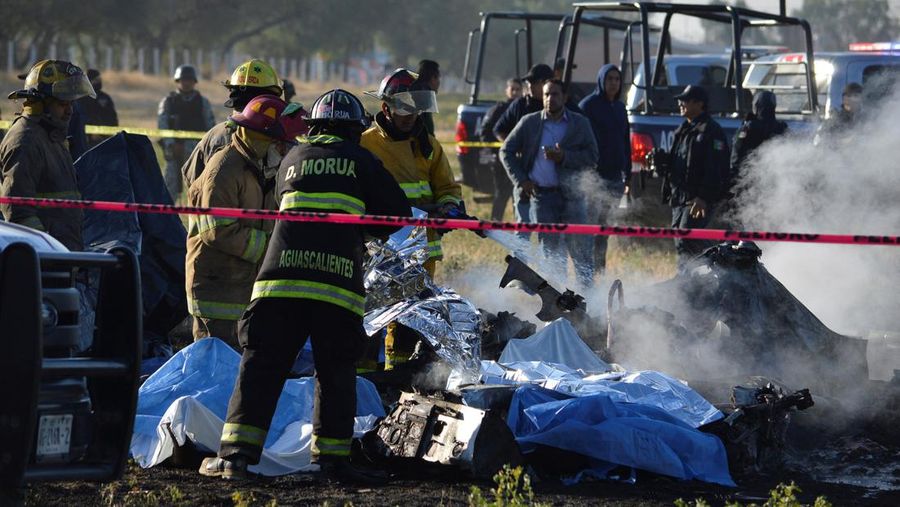 Members of security forces check the site where the head of security of the central Mexican state of Aguascalientes has died in a helicopter crash, in Aguascalientes, Mexico November 17, 2022. REUTERS/Liberto Urena NO RESALES. NO ARCHIVES