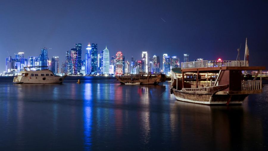 Ships are docked in front of the Doha skyline ahead of the FIFA World Cup 2022 soccer tournament in Doha, Qatar November 14, 2022. REUTERS/Amr Abdallah Dalsh