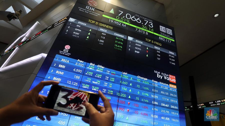 Karyawan beraktivitas di dekat layar pergerakan Indeks Harga Saham Gabungan (IHSG) di Bursa Efek Indonesia (BEI), Jakarta, Rabu (23/11/2022). IHSG ditutup menguat 0,33 persen atau 23,53 poin ke 7.054,12 pada akhir perdagangan, sebanyak 249 saham menguat, 255 saham melemah, dan 199 saham stagnan. (CNBC Indonesia/Andrean Kristianto) Karyawan beraktivitas di dekat layar pergerakan Indeks Harga Saham Gabungan (IHSG) di Bursa Efek Indonesia (BEI), Jakarta, Rabu (23/11/2022). IHSG ditutup menguat 0,33 persen atau 23,53 poin ke 7.054,12 pada akhir perdagangan, sebanyak 249 saham menguat, 255 saham melemah, dan 199 saham stagnan. (CNBC Indonesia/Andrean Kristianto)