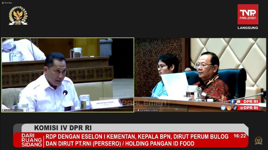 RDP dengan Eselon I Kementan, Kepala BPN, Dirut Perum Bulog Dan Dirut PT. RNI (Persero) / Holding Pangan ID Food. (Tangkapan Layar Youtube Komisi IV DPR RI Channel)