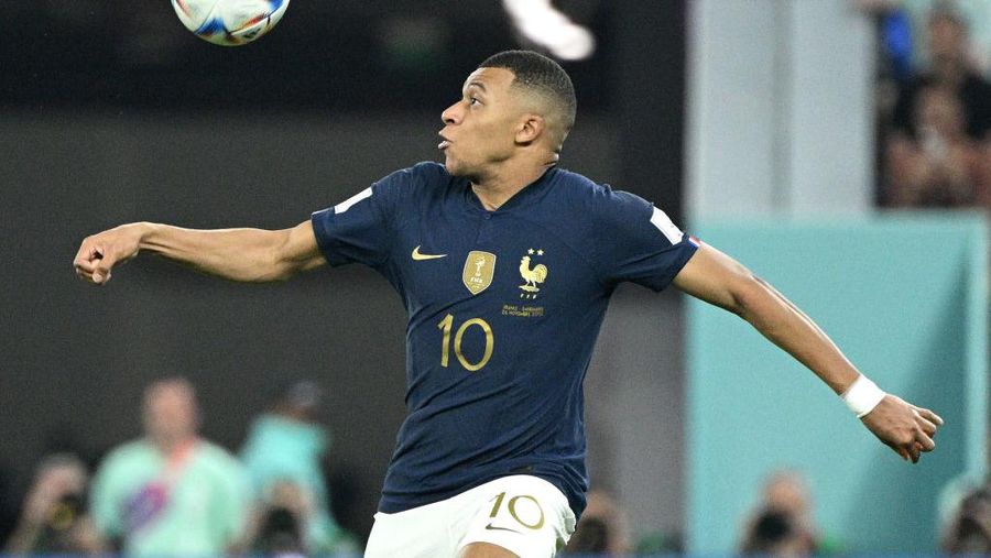 DOHA, QATAR - NOVEMBER 26: Kylian Mbappe of France in action during the FIFA World Cup Qatar 2022 Group D match between France and Denmark at Stadium 974 on November 26, 2022 in Doha, Qatar. (Photo by Lionel Hahn/Getty Images)
