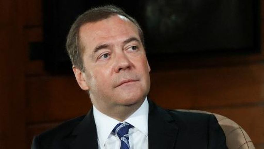 United Russia Party chairman and deputy chairman of the Russian Security Council Dmitry Medvedev speaks during an interview at the Gorki residence, outside Moscow, on January 27, 2022. (Photo by Yulia ZYRYANOVA / SPUTNIK / AFP)