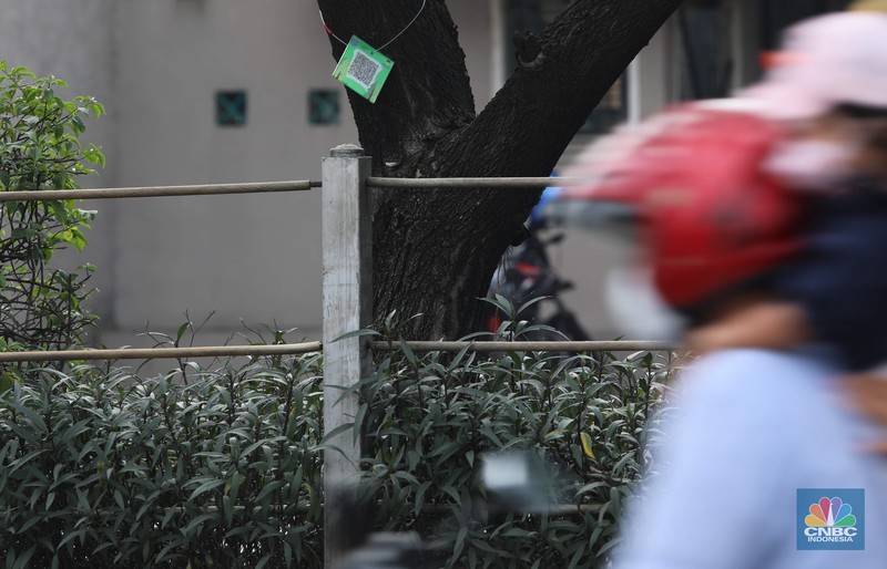 Pemerintah Kota Depok melakukan terobosan baru dalam penggunaan yakni memasangkan QR Code pada pohon. Pemkot menggelontorkan anggaran sebesar Rp49 juta untuk pemasangan QR Code di 1.500 pohon di seluruh jalur utama. (CNBC Indonesia/ Muhammad Sabki)