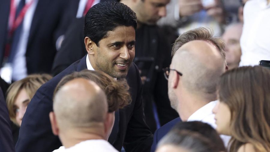 PARIS, FRANCE - AUGUST 28: President of PSG Nasser Al Khelaifi attends the Ligue 1 Uber Eats match between Paris Saint-Germain (PSG) and AS Monaco (ASM) at Parc des Princes stadium on August 28, 2022 in Paris, France. (Photo by Jean Catuffe/Getty Images)