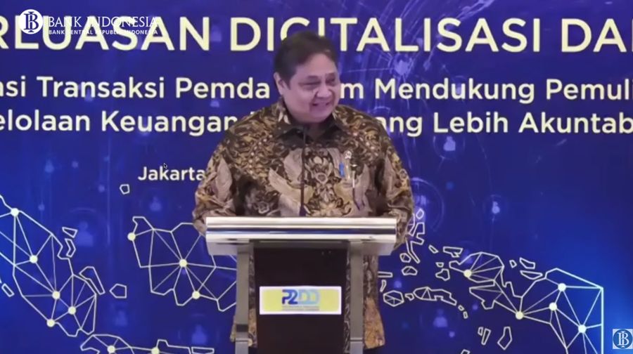 Menteri Koordinator Bidang Perekonomian Indonesia, Menko Perekonomian RI Airlangga Hartarto di acara Rapat Koordinasi Nasional Percepatan dan Perluasan Digitalisasi Daerah. (Tangkapan Layar Youtube BI)