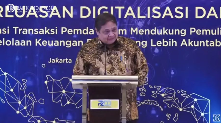 Menteri Koordinator Bidang Perekonomian Indonesia, Menko Perekonomian RI Airlangga Hartarto di acara Rapat Koordinasi Nasional Percepatan dan Perluasan Digitalisasi Daerah. (Tangkapan Layar Youtube BI)