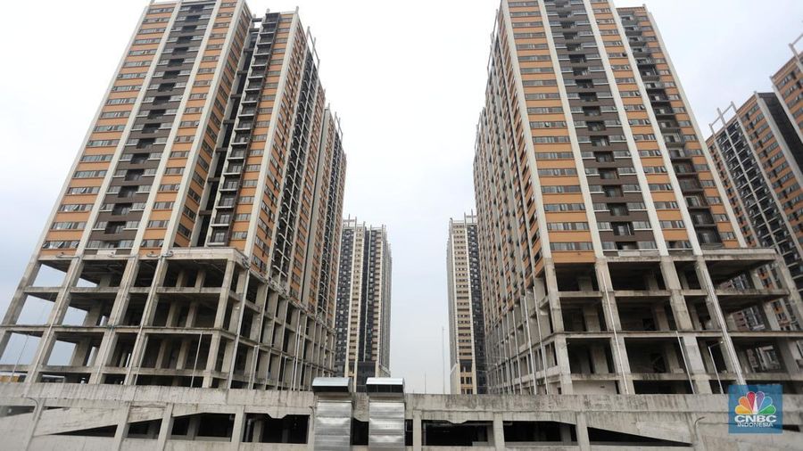 Foto udara suasan pembangunan proyek apartemen Meikarta Distrik 2 di di Cibatu, Cikarang, Kabupaten Bekasi, Rabu (7/12/2022). (CNBC Indonesia/Andrean Kristianto)