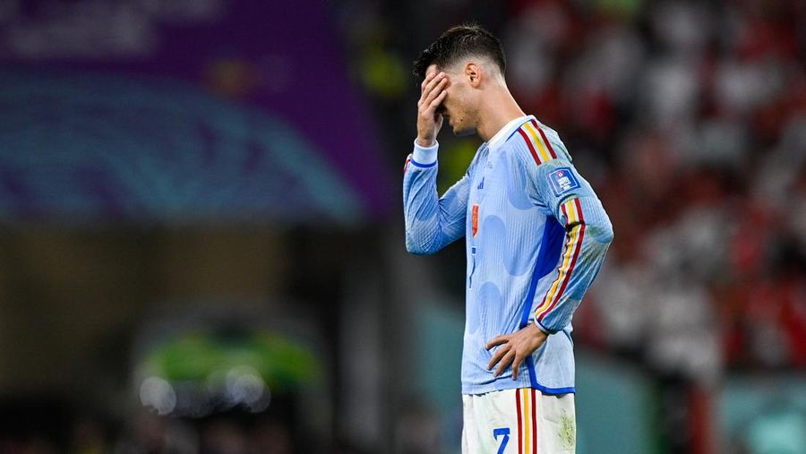 Reaksi Alvaro Morata pemain dari Spanyol selama Babak 16 Besar - Piala Dunia FIFA pertandingan Qatar 2022 antara Maroko dan Spanyol di Education City Stadium pada 6 Desember 2022 di Al Rayyan, Qatar (Pablo Morano/BSR Agency/Getty Images)