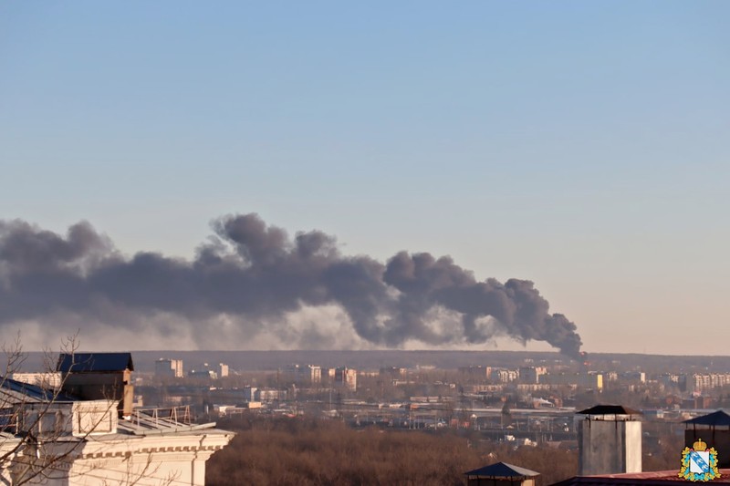 Russia Ukraine In this handout photo released by the administration of the Kursk region of Russia on Tuesday, Dec. 6, 2022, smoke rises from the area of Kursk airport outside Kursk, Russia. A fire that broke out at an airport in Russia’s southern Kursk region that borders Ukraine was the result of a drone attack, the Kursk regional governor said Tuesday, a day after Moscow blamed Kyiv for drone strikes on two air bases deep inside Russia and launched a new wave of missile strikes on Ukrainian territory. (Administration of the Kursk region of Russia via AP)