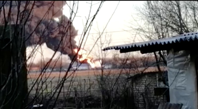 Russia Ukraine In this handout photo released by the administration of the Kursk region of Russia on Tuesday, Dec. 6, 2022, smoke rises from the area of Kursk airport outside Kursk, Russia. A fire that broke out at an airport in Russia’s southern Kursk region that borders Ukraine was the result of a drone attack, the Kursk regional governor said Tuesday, a day after Moscow blamed Kyiv for drone strikes on two air bases deep inside Russia and launched a new wave of missile strikes on Ukrainian territory. (Administration of the Kursk region of Russia via AP)