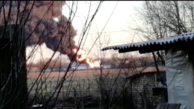 In this handout photo released by the administration of the Kursk region of Russia on Tuesday, Dec. 6, 2022, smoke rises from the area of Kursk airport outside Kursk, Russia. A fire that broke out at an airport in Russia’s southern Kursk region that borders Ukraine was the result of a drone attack, the Kursk regional governor said Tuesday, a day after Moscow blamed Kyiv for drone strikes on two air bases deep inside Russia and launched a new wave of missile strikes on Ukrainian territory.  (Administration of the Kursk region of Russia via AP)