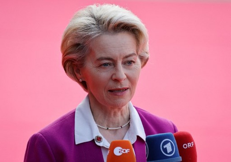European Commission President Ursula von der Leyen talks to the press as she arrives for the EU-Western Balkans summit in Tirana, on December 6, 2022. (Photo by Ludovic MARIN / AFP)