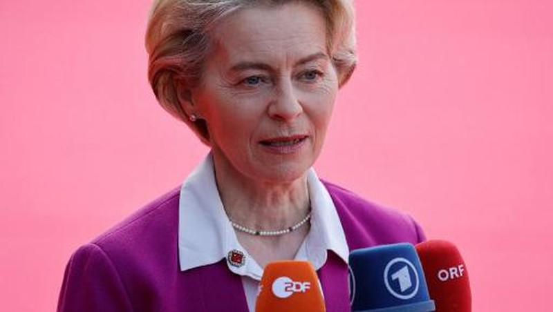 European Commission President Ursula von der Leyen talks to the press as she arrives for the EU-Western Balkans summit in Tirana, on December 6, 2022. (Photo by Ludovic MARIN / AFP)