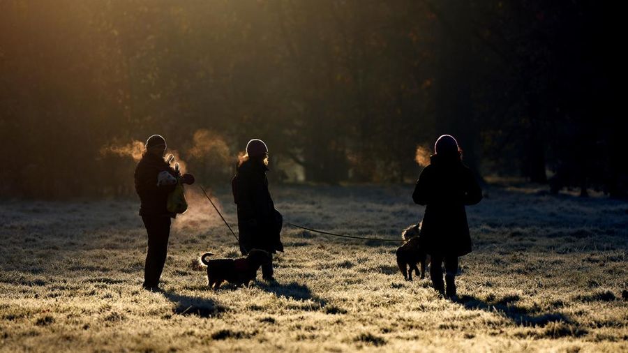 Dog walkers in a frosty Hyde Park after a sharp frost overnight in London, Thursday, Dec. 8, 2022. Britain is set for several days of cold weather with the Met Office issuing warings that temperatures will dip to minus 7 to minus 9 centigrade overnight in parts of northern England ans Scotland .(AP Photo/Alastair Grant)