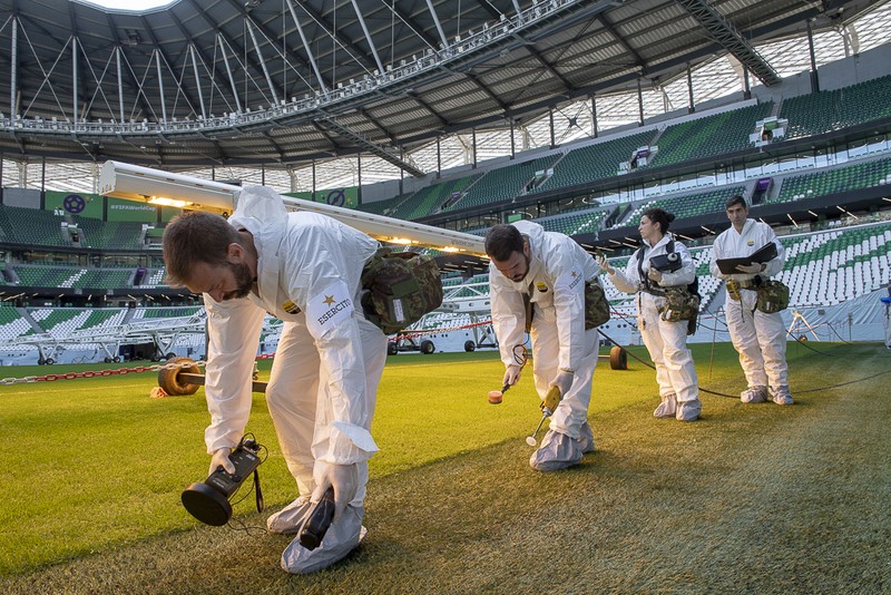 WCup Italy Interforce Contingent Soccer Italian military conduct a bomb sweep in Education City Stadium, in Doha, Qatar, Monday, Nov.14, 2022. The Italian interforce contingent consisting of some 560 specialized military, navy, air force and Carabinieri personnel, is part of the Oryx operation, which gets its name from the Qatari national animal, the Arabic oryx. The oryx operation brought together military forces from France, the United Kingdom, the United States, Pakistan, and Turkey, to operate together for the first time to help local police forces provide security for the safe running of the World Cup. (Italian Land Task Force via AP)