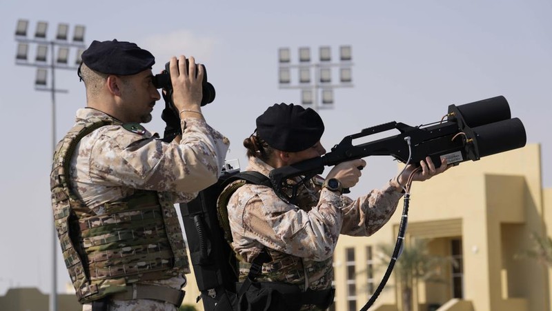 Italian military conduct a bomb sweep in Education City Stadium, in Doha, Qatar, Monday, Nov.14, 2022. The Italian interforce contingent consisting of some 560 specialized military, navy, air force and Carabinieri personnel, is part of the Oryx operation, which gets its name from the Qatari national animal, the Arabic oryx. The oryx operation brought together military forces from France, the United Kingdom, the United States, Pakistan, and Turkey, to operate together for the first time to help local police forces provide security for the safe running of the World Cup. (Italian Land Task Force via AP)