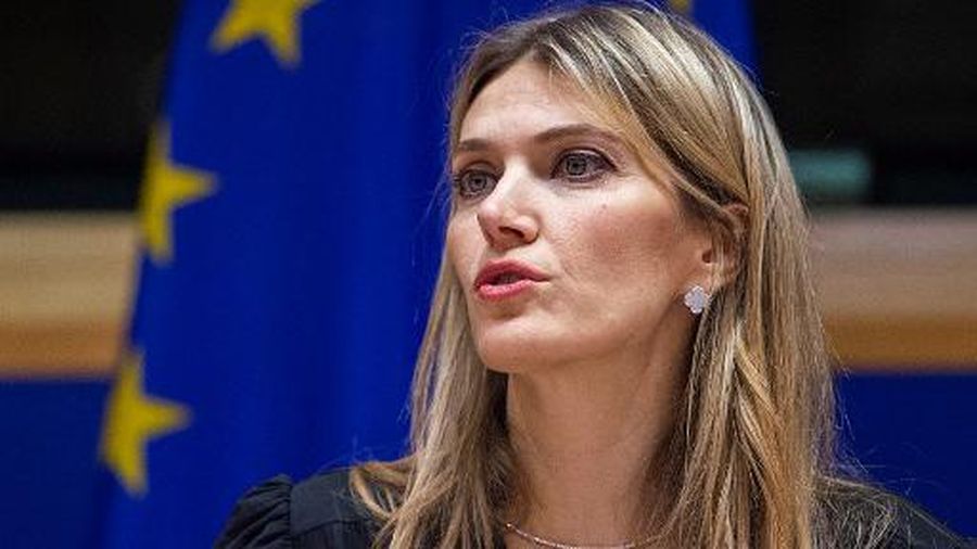 In this handout photograph taken and released by European Parliament on December 7, 2022, Greek politician and European Parliament vice-president Eva Kaili speaks during the European Book Prize award ceremony in Brussels. - The lawyer for Eva Kaili said on December 13, 2022 his client was 