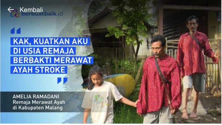 Amelia Ramadani (12) Remaja yang berjuang untuk merawat ayahnya yang stroke hingga menyebabkan jalannya tidak sempurna dan gerakan tangannya terbatas. Amelia Ramadani (12) Remaja yang berjuang untuk merawat ayahnya yang stroke hingga menyebabkan jalannya tidak sempurna dan gerakan tangannya terbatas.
