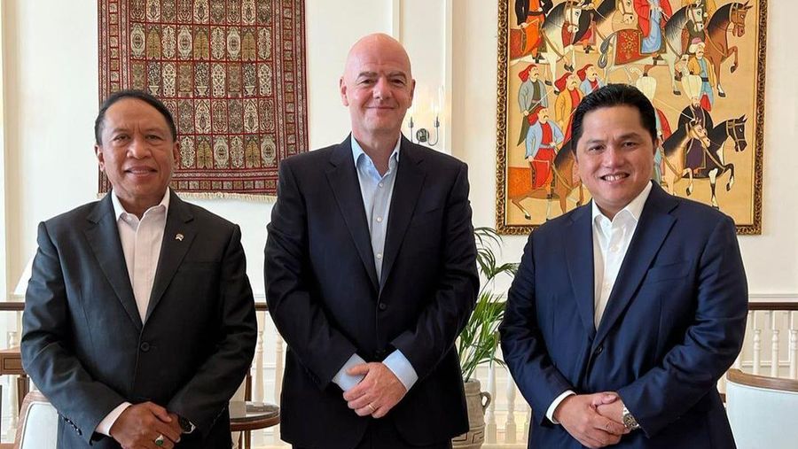Pertemuan Menteri BUMN, Erick Thohir, Menpora Zainudin Amali bersama Presiden FIFA Gianni Infantino yang membahas persiapan Piala Dunia U20 di Indonesia tahun depan. (Tangkapan Layar Instagram @erickthohir)