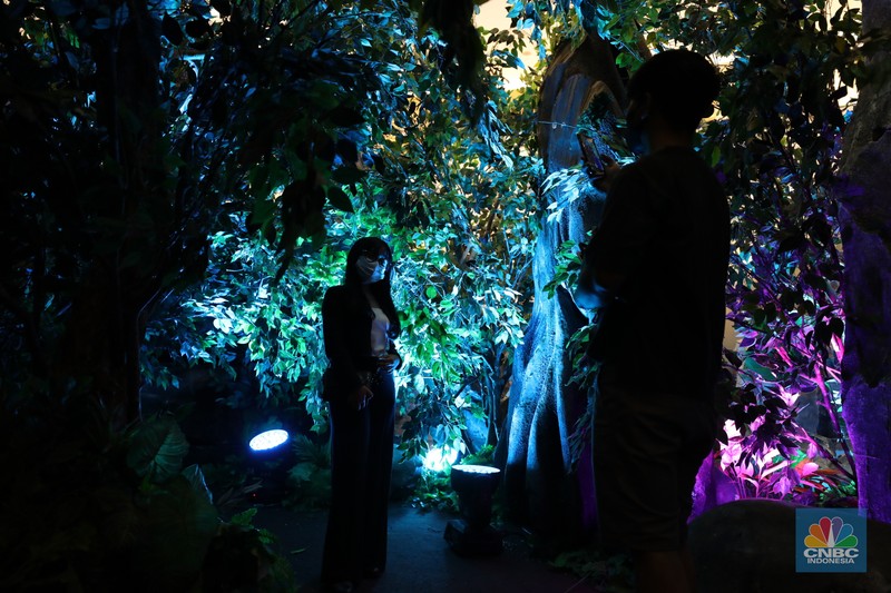Pengunjung menjelajahi dunia pandora ala Avatar di Senayan City, Jakarta, Selasa (20/12/2022). Senayan City menghadirkan Festive Season The Festive Mood mulai tanggal 12 Desember hingga 8 Januari 2023, salah satunya Avatar Pandora Experience.  (CNBC Indonesia/Tri Susilo)