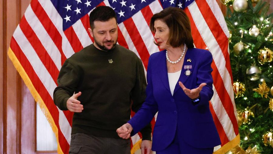 President of Ukraine Volodymyr Zelensky addresses a joint meeting of Congress in the House Chamber of the U.S. Capitol on December 21, 2022 in Washington, DC. In his first known trip outside of Ukraine since Russia invaded, Zelensky met with U.S. President Joe Biden and outlined Ukraine's request for continued military aid. Seated behind Zelensky was U.S. Vice President Kamala Harris (L) and Speaker of the House Nancy Pelosi (D-CA).  (Photo by Chip Somodevilla/Getty Images)