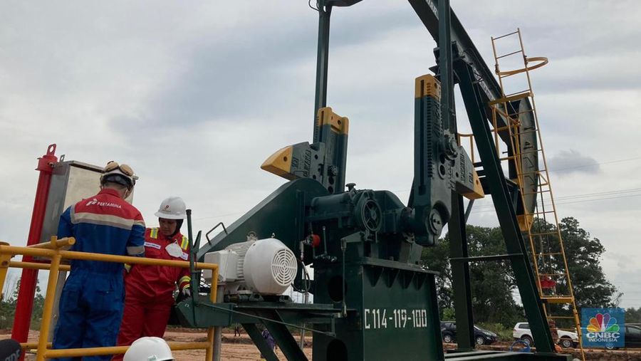 Proses produksi minyak di Blok Minyak Rokan yang dioperasikan PT Pertamina Hulu Rokan (PHR). Lokasi sumur HO 5G-0108B Duri Field  Kabupaten Bengkalis, Riau Jumat (30/12/2022). (CNBC Indonesia/Verda Nano Setiawan)